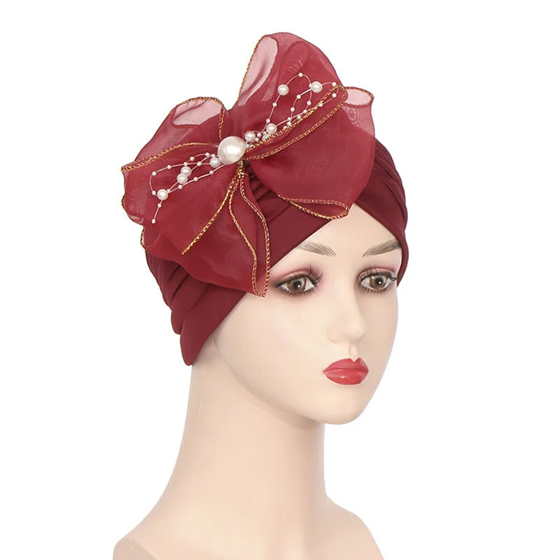 Lastest Indian Big Flower Turban Women Muslim Bowknot Hijab Hat African Auto Gele Headtie Wedding Aso Oke Cap Headscarf Bonnet