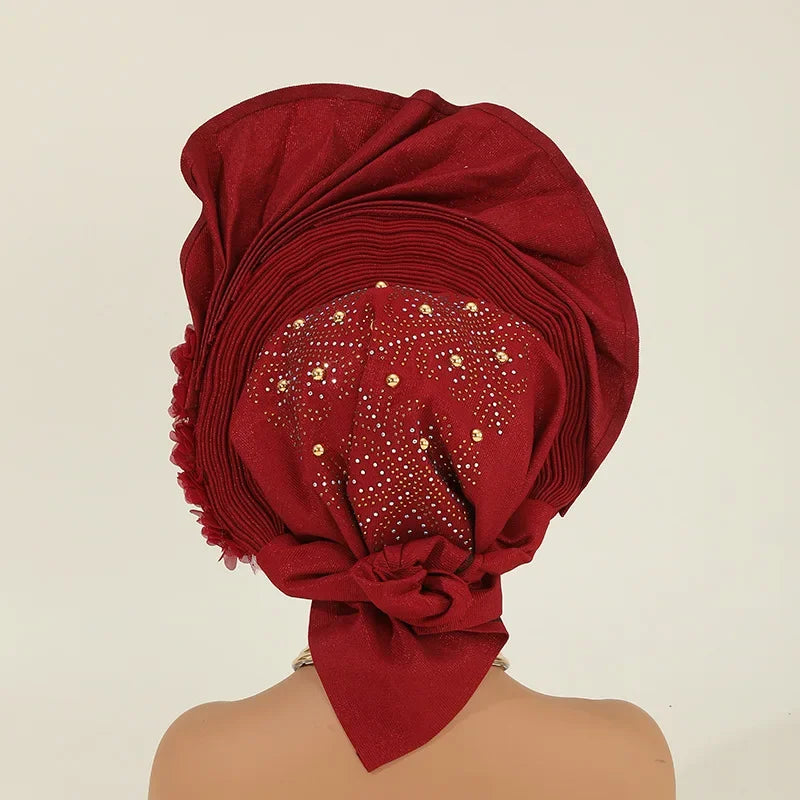 African Auto Gele Headtie Turban Cap for Women Hat Already Made 2025 Aso Oke Wedding Bonnet Head Wrap Bonnet Hijab Flower Beaded