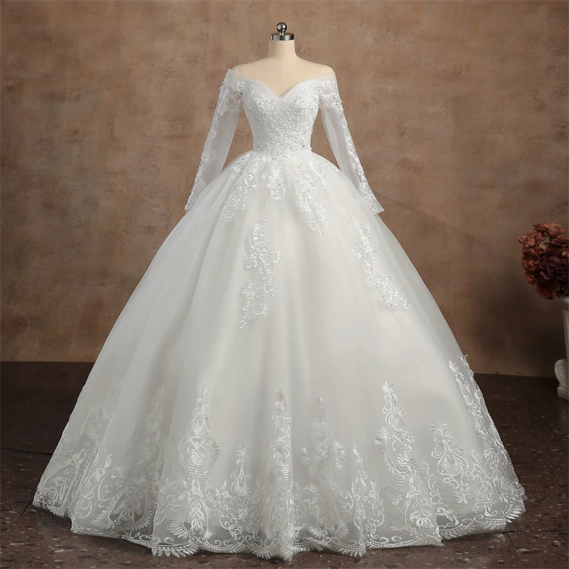 Real video Ball Gown Off Shoulder Wedding Dresses Full Sleeve Sweetheart Lace Appliqus Bead Wedding Dresses For Women New