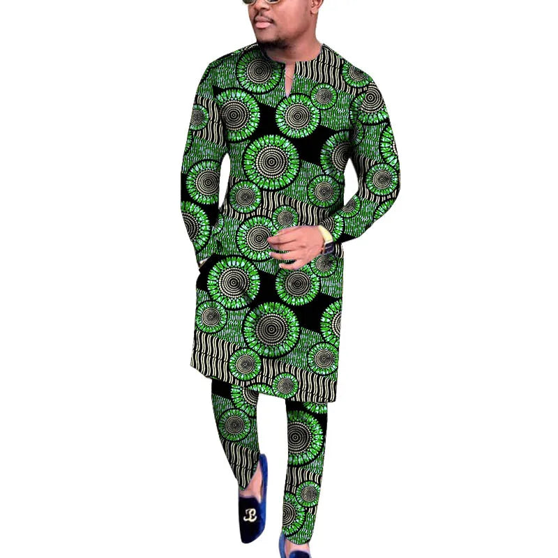 V Neck Design Tops Patch Waist Pants African Print Men's Set Tailored Nigerian Fashion Party Outfits