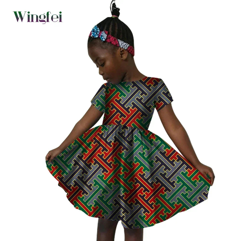 African Clothes for Children Ankara Print Kids Dashiki Dresss Short Sleeve Girl Dresses Casual Kid Attire Cotton WYT60