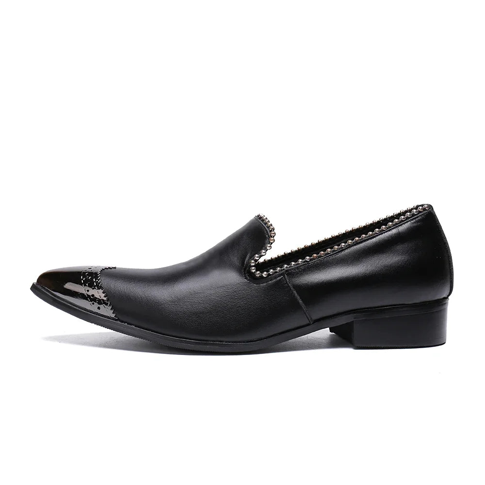 Classic Black Real Leather Men Office Casual Shoes Metal Pointed Toe Fashion Men Business Party Flat Shoes Suit Shoes Plus Size