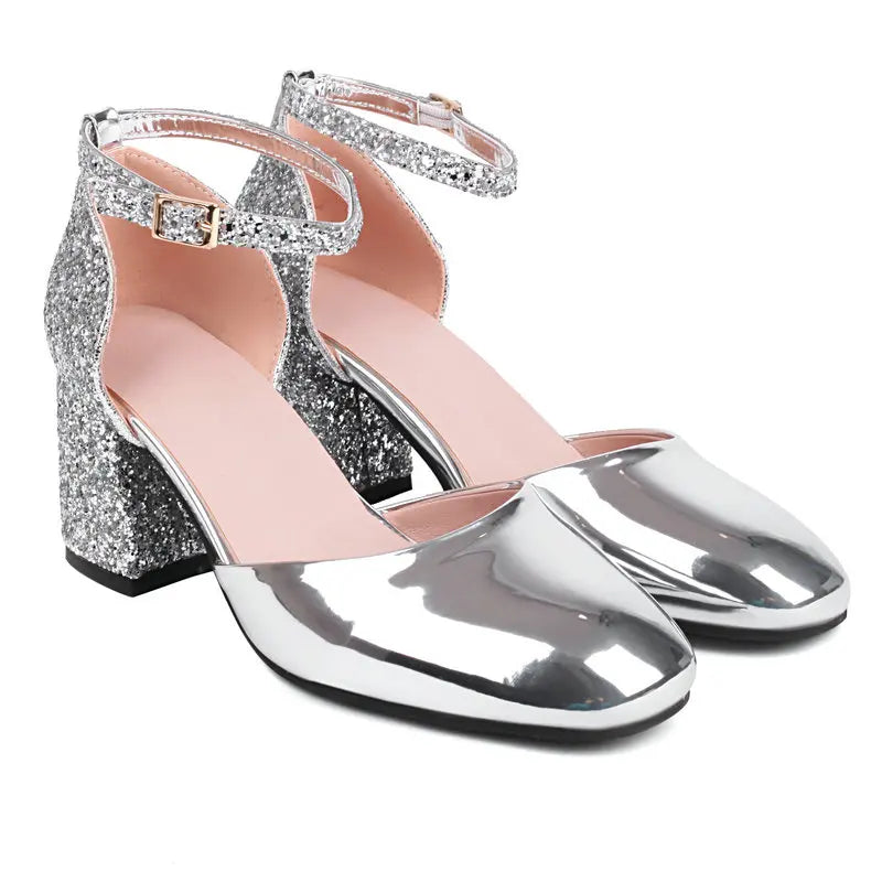 Gold Silver Glitter Sequined Bling Party Women's Bride Shoes Closed Toe Mary Janes Big Size 13 47 48 Chunky Square Heels Sandals