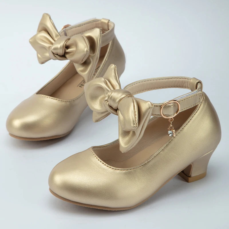 Kid Pump Shoes Girl Luxury Gold White Low Heel Dance Child Fashion Bowknot Ankle Strap Mary Janes Wedding Party Footwear
