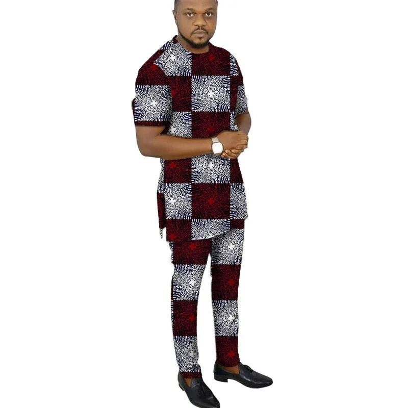 African Fashion Men's Set Outfits Short Sleeve Tops Patch Trousers Nigerian Print Male Pant Suits Party Wear Customized