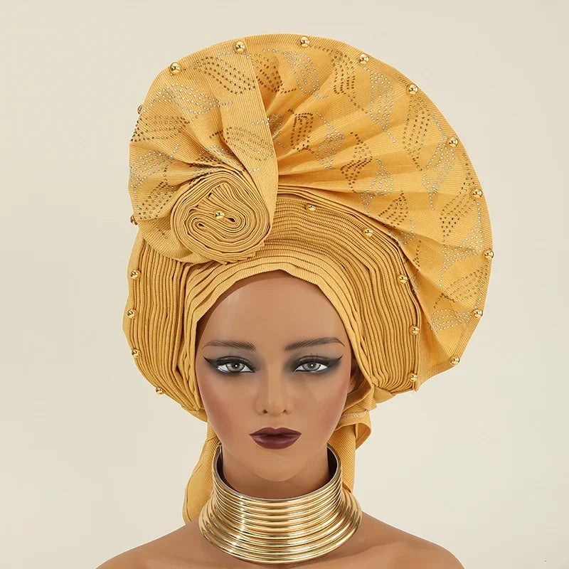 African Auto Gele Headtie Aso Oke Nigeria High Quality Bead Already Made Hijab Bonnet Headband Turban Cap Party Wedding Headgear