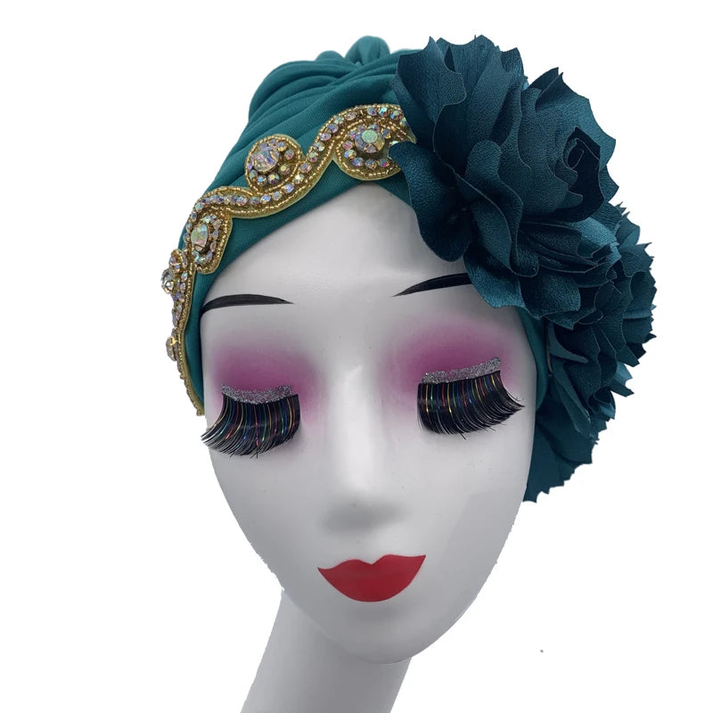 2023 Rhinestones Turban Hat with Side Satin Ruffles Women's Wrap Head Beanies Muslim Headscarf Bonnet African autogele Headtie