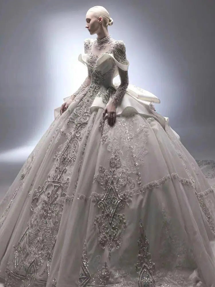Customized Heavy Industry Satin Wedding Dress for Women New Retro Bride Long Sleeve Ball Gown Large Size Vestido De Novia