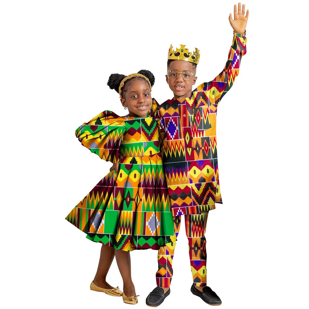 Wedding African Family Matching Outfits for Kids Sister Brother Girls Dress and Boys Pants Set Children Ankara Print Clothing