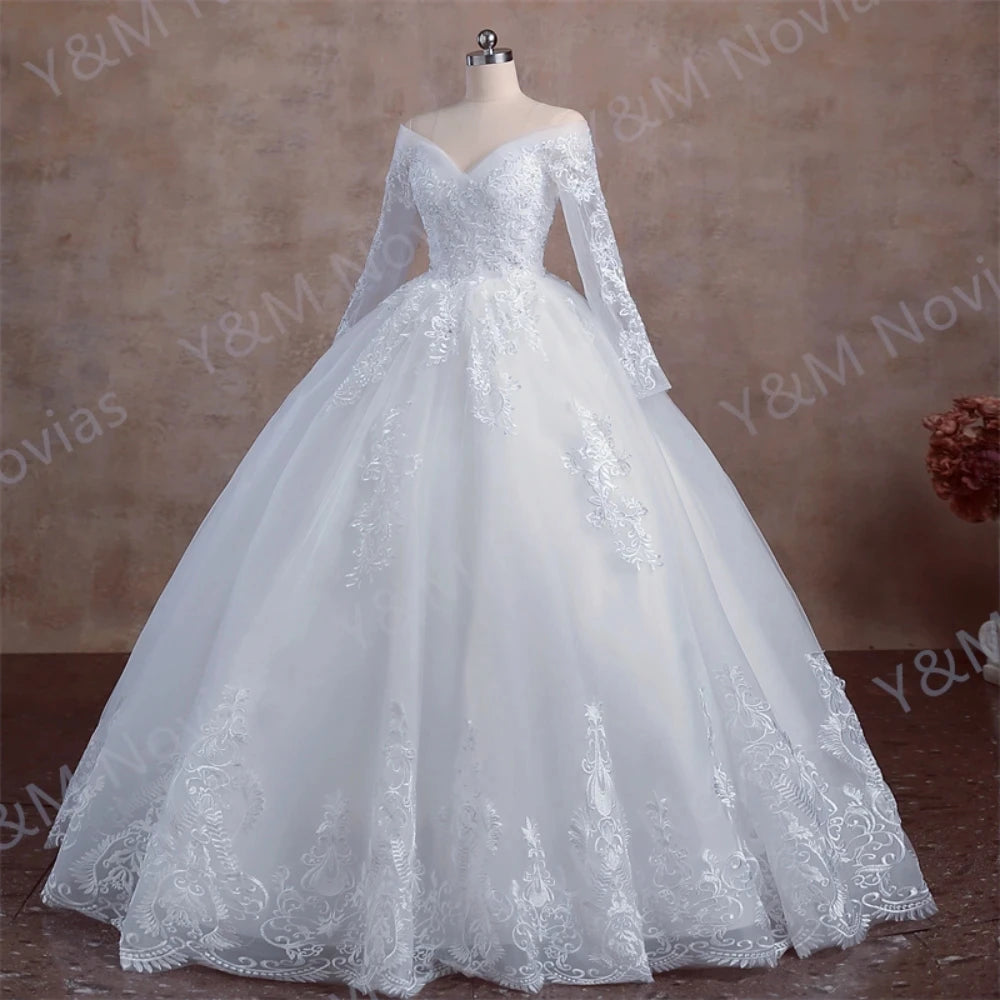 Real video Ball Gown Off Shoulder Wedding Dresses Full Sleeve Sweetheart Lace Appliqus Bead Wedding Dresses For Women New