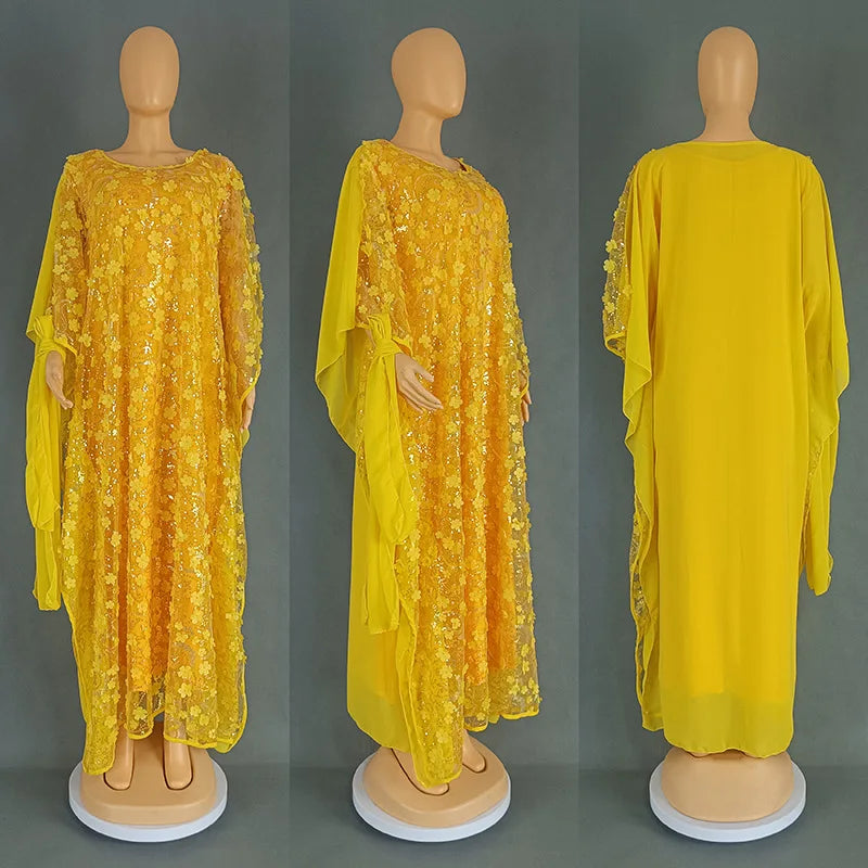 3PCS African Dresses for Women Muslim Sequins Flower Abaya Kaftan Moroccan Caftan Dashiki Robe Ankara Traditional Boubou Dress