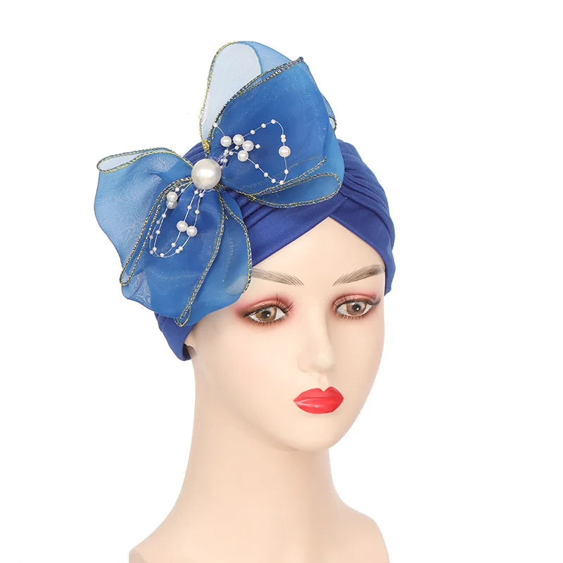 Lastest Indian Big Flower Turban Women Muslim Bowknot Hijab Hat African Auto Gele Headtie Wedding Aso Oke Cap Headscarf Bonnet