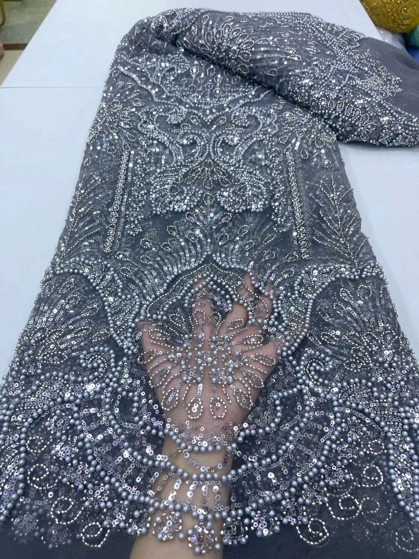 Gold French Beaded Lace Bride Fabric 5 Yards High Quality African Sequin Lace Fabric Nigeria Mesh Wedding Dress for Women