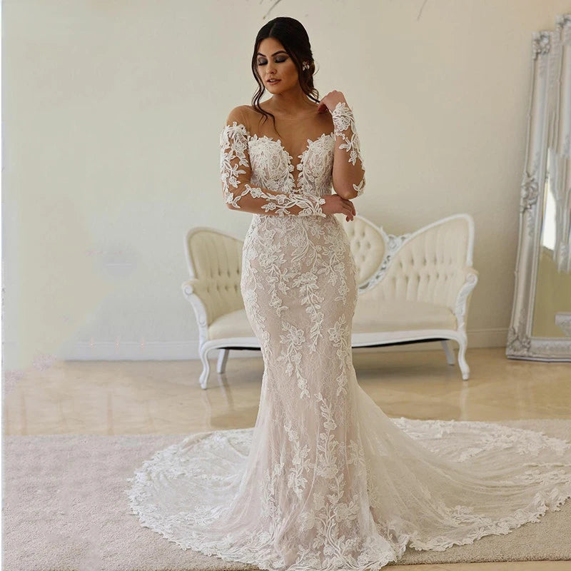 LINLING Custom Made Obe De Mariée En Dentelle, Style Boho, Illusion De Sirène, Corsage, Manches Longues, Col Transparent, 2023