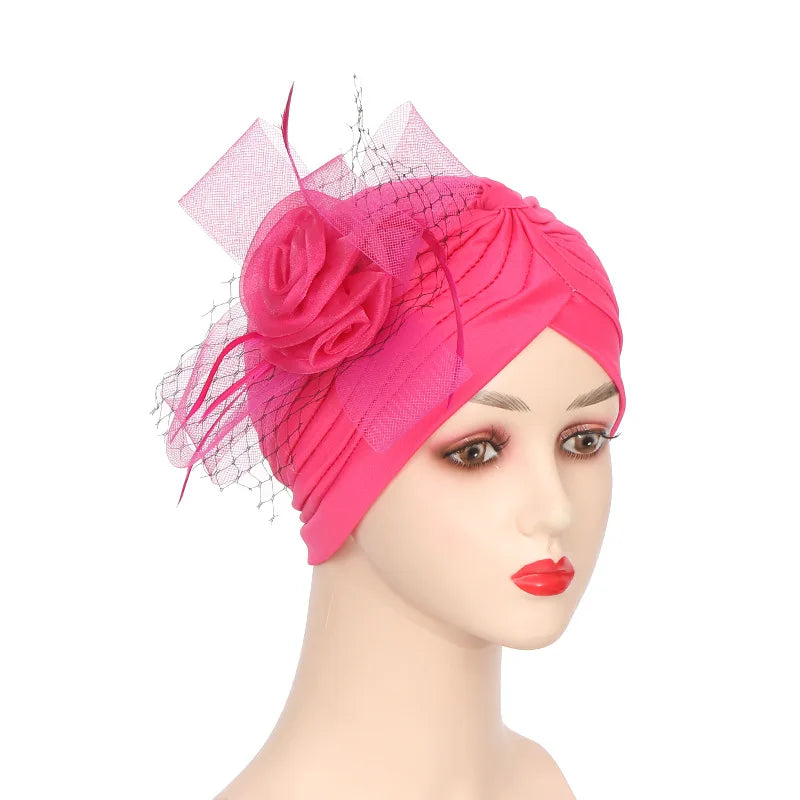 Big Flower Muslim Women Indain Hat Scarf Caps Chemo Turban Islamic Head Cover Party Evening Bonnet Pleated Vintage Elegant Hat
