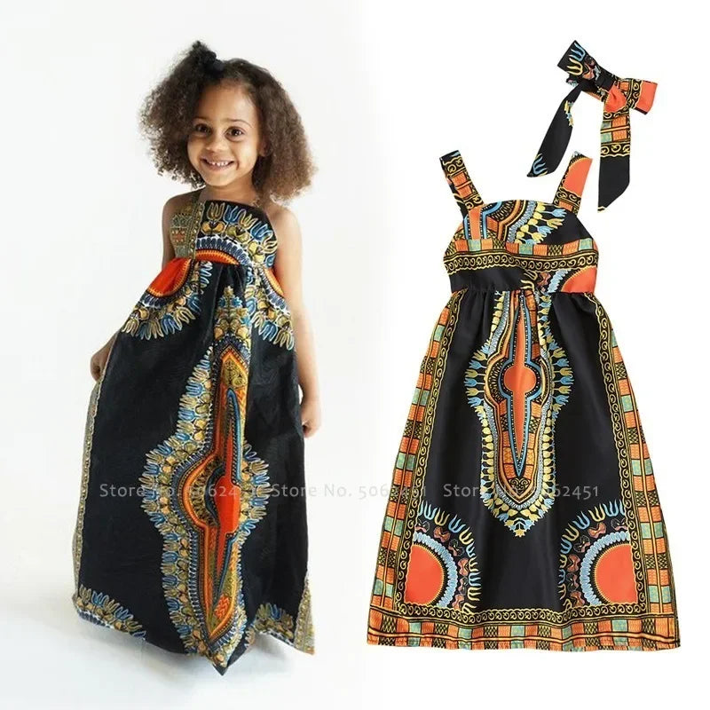 Kids Girls African Bohemian Sleeveless Long Print Bazin Dress Children Ankara Danshiki Carnival Party Stage Performance Costumes