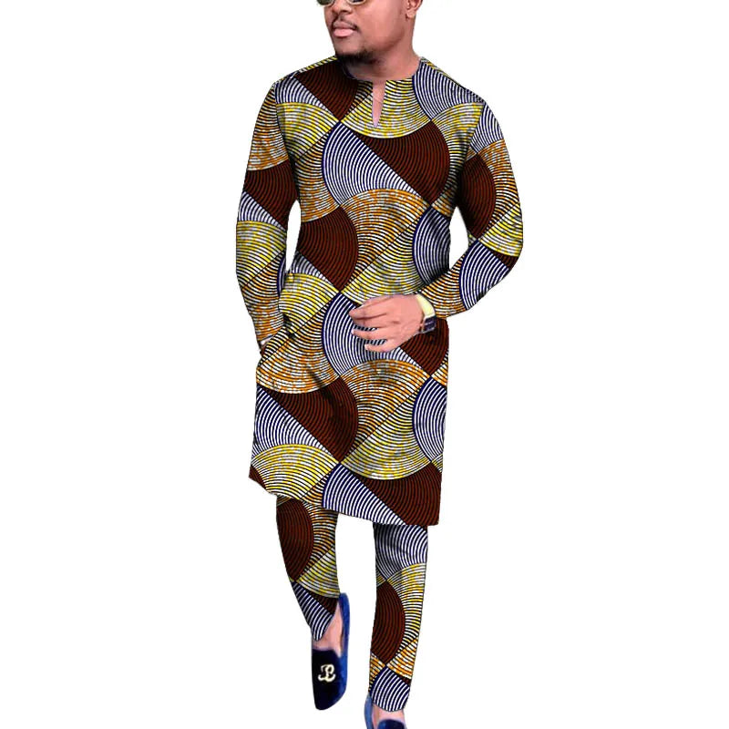 V Neck Design Tops Patch Waist Pants African Print Men's Set Tailored Nigerian Fashion Party Outfits
