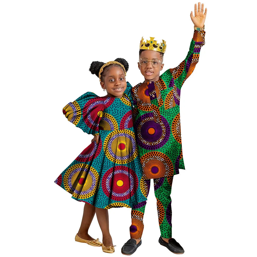 Wedding African Family Matching Outfits for Kids Sister Brother Girls Dress and Boys Pants Set Children Ankara Print Clothing