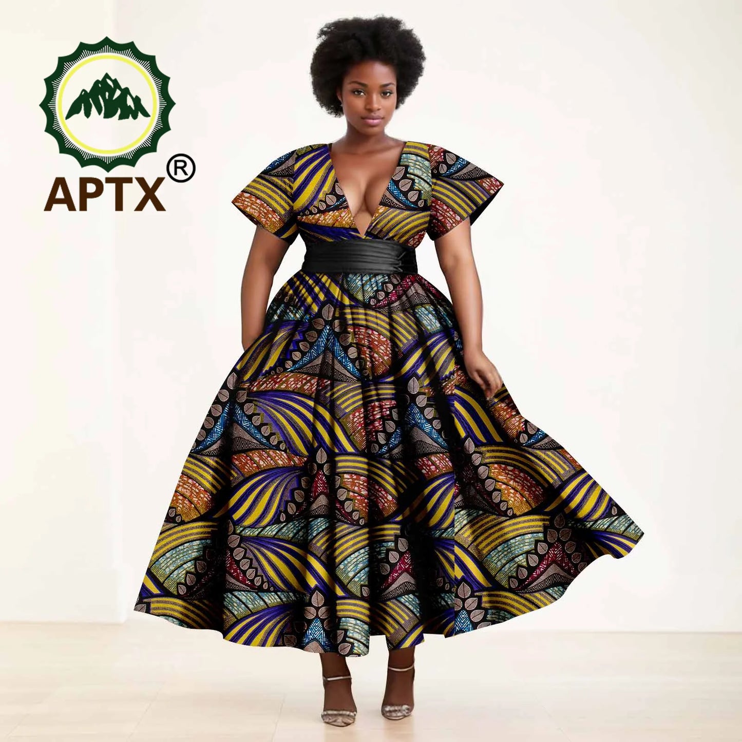 African Dresses Women's Ankara Printed Short Sleeve V-Neck With Belt And Ankle Dress Dashiki Casual Party Wedding Dresses