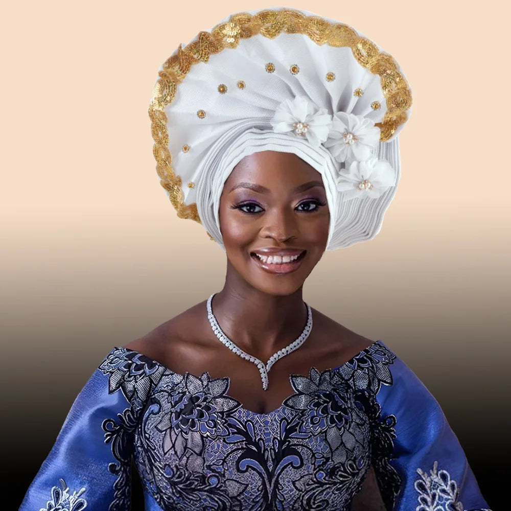 Beaded Turban Cap for Women African Wedding Headwear Auto Gele Aso Oke Headties Hijab Bonnet Head Wrap Hat Nigeria Headgear