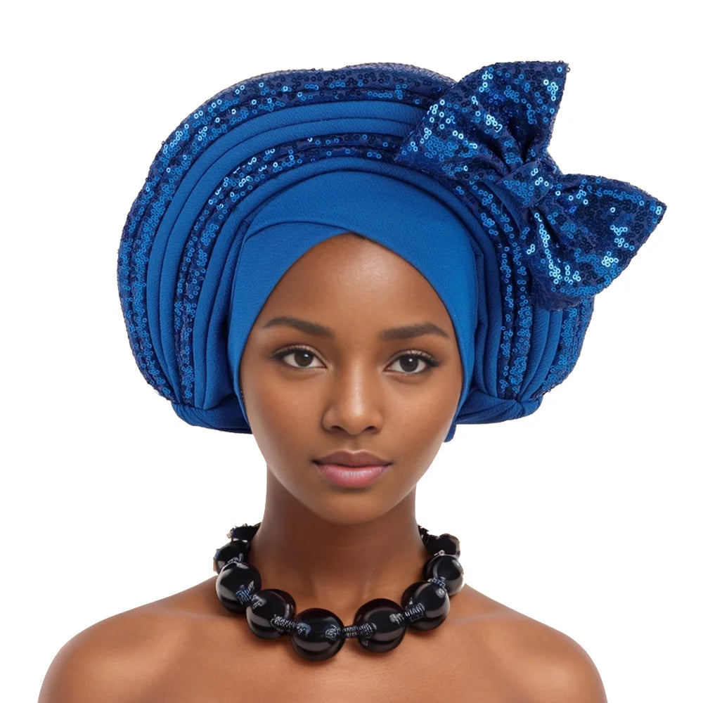 Nigeria Bowknot Turban Cap for Women 2025 New African Auto Gele Headtie Aso Oke Bonnet Hijab Headscarf Sequin Head Wrap Headgear