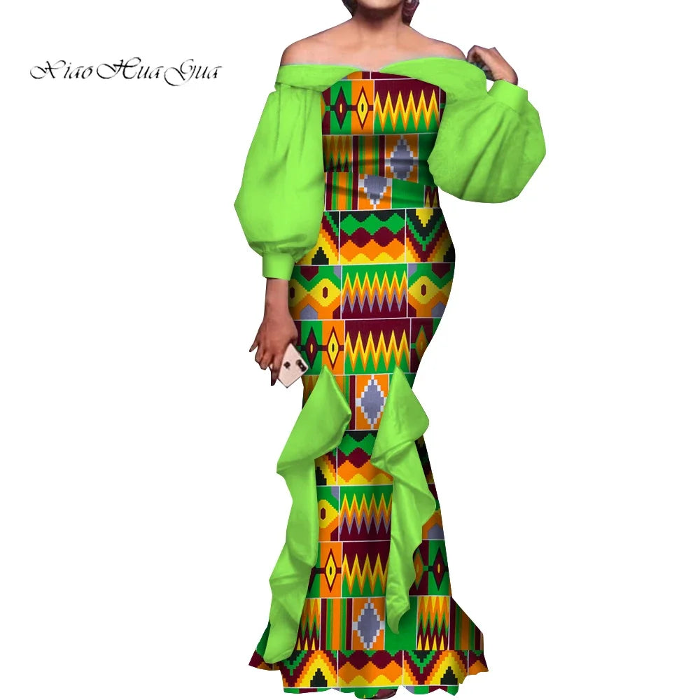 Fashion Women Ankara Dresses Flash Neck Puff Sleeve Long Dress African Dress Robe Africaine Femme Evening Mermaid Dress WY1848