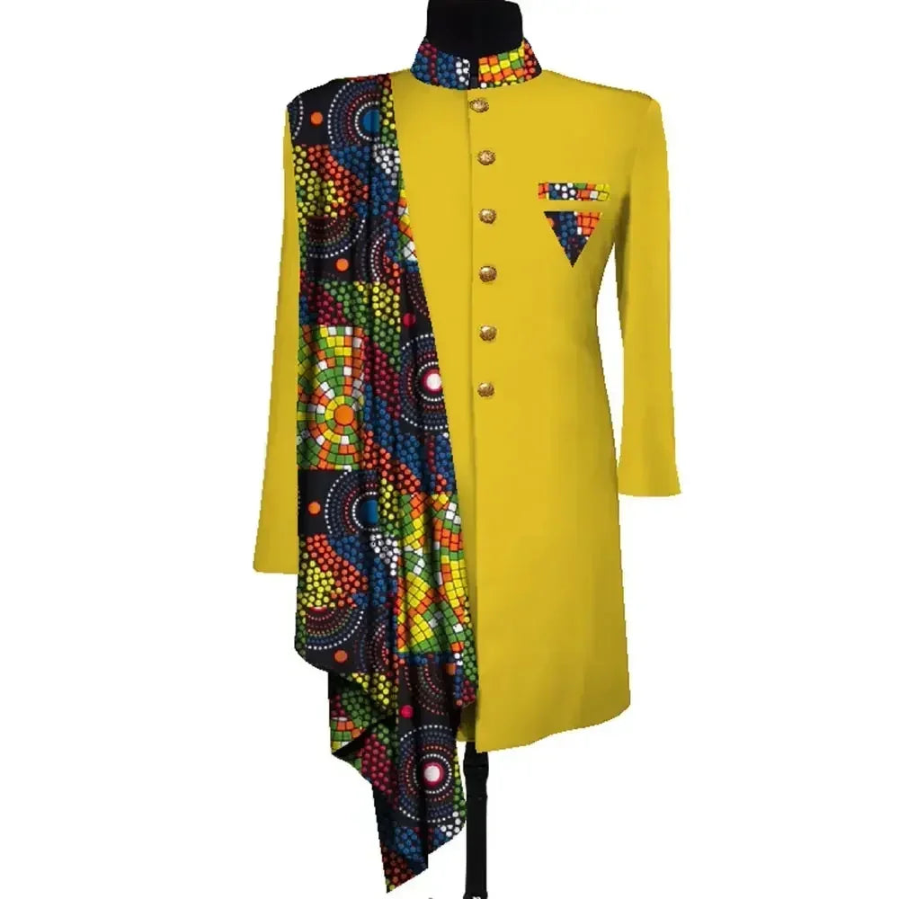 African Men Coat Long Sleeve Men Clothes Suit Jacket Dashiki Tops Coat Print Patchwork Blazer Wedding Dress Suit Shirt WYN1055