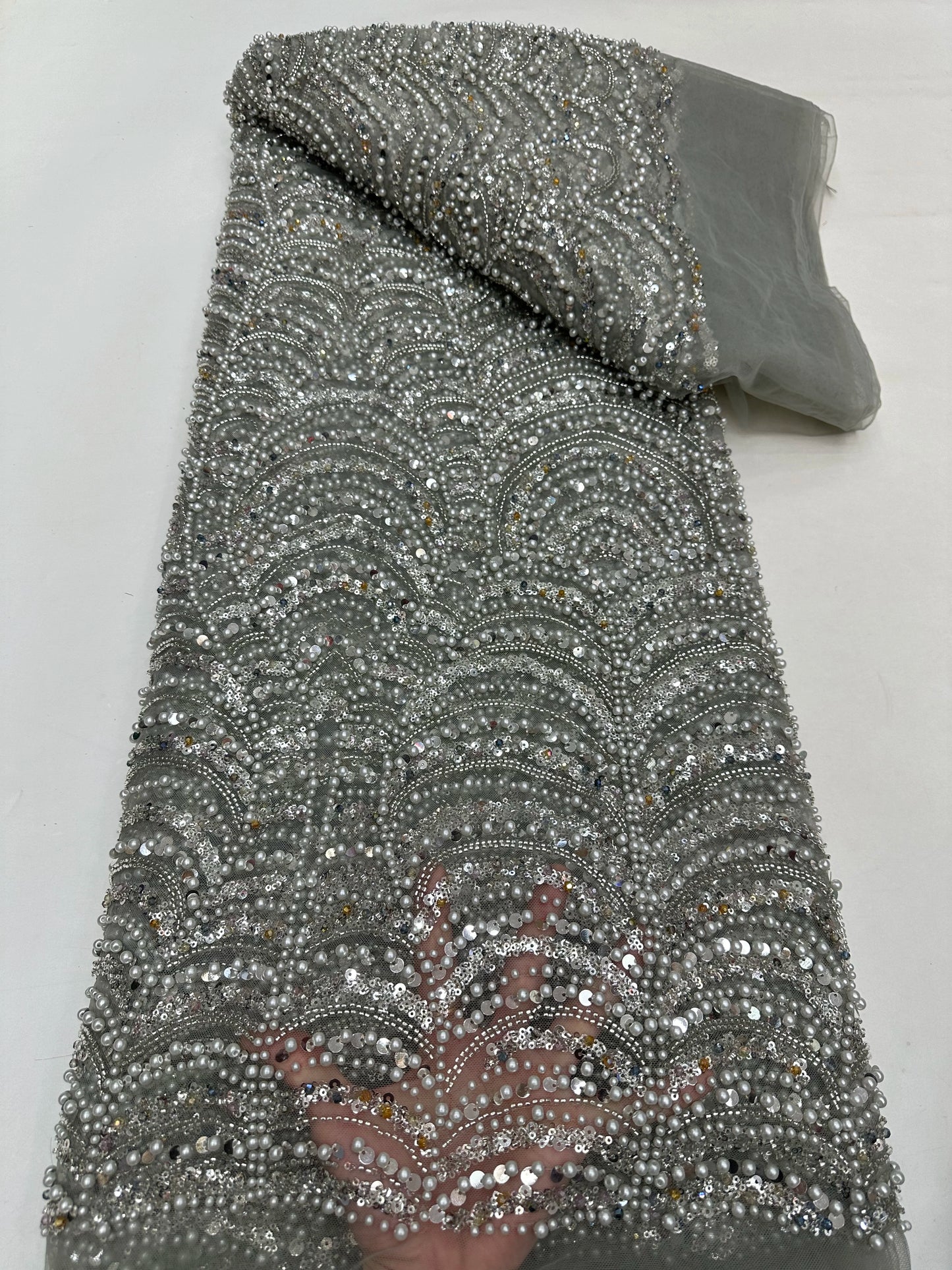 Latest Pink African Sequins Lace Fabric High Quality Lace Embroidery Beaded Mesh Fabric 5 Yards For Wedding Party Dress