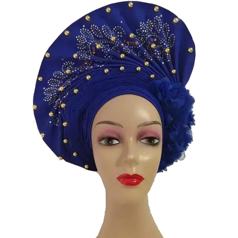 African Auto Gele Headtie Turban Cap for Women Hat Already Made 2025 Aso Oke Wedding Bonnet Head Wrap Bonnet Hijab Flower Beaded