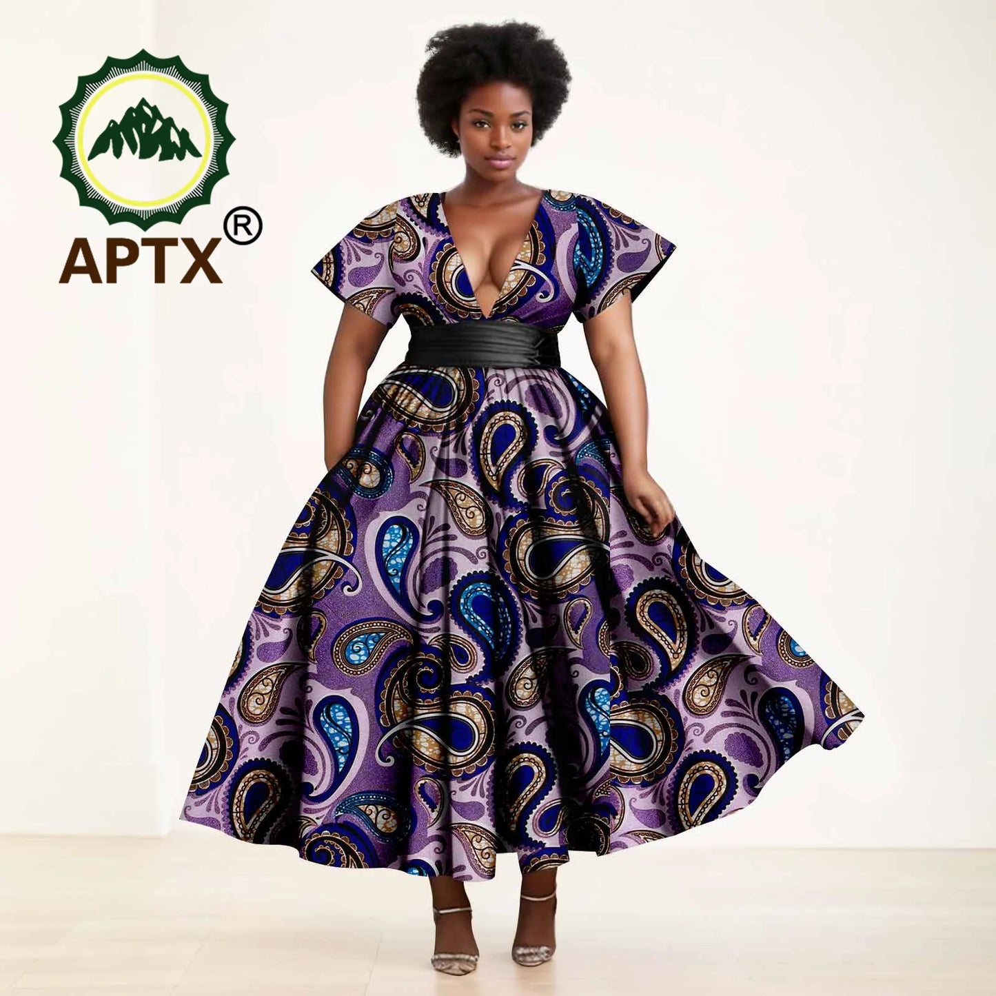 African Dresses Women's Ankara Printed Short Sleeve V-Neck With Belt And Ankle Dress Dashiki Casual Party Wedding Dresses