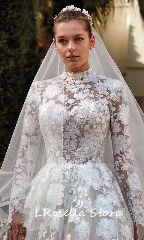 High Neckline Noble Royal Princess Flower Wedding Dress with Court Train Long Sleeves Illusion Button Back Pretty 2025 Wedding