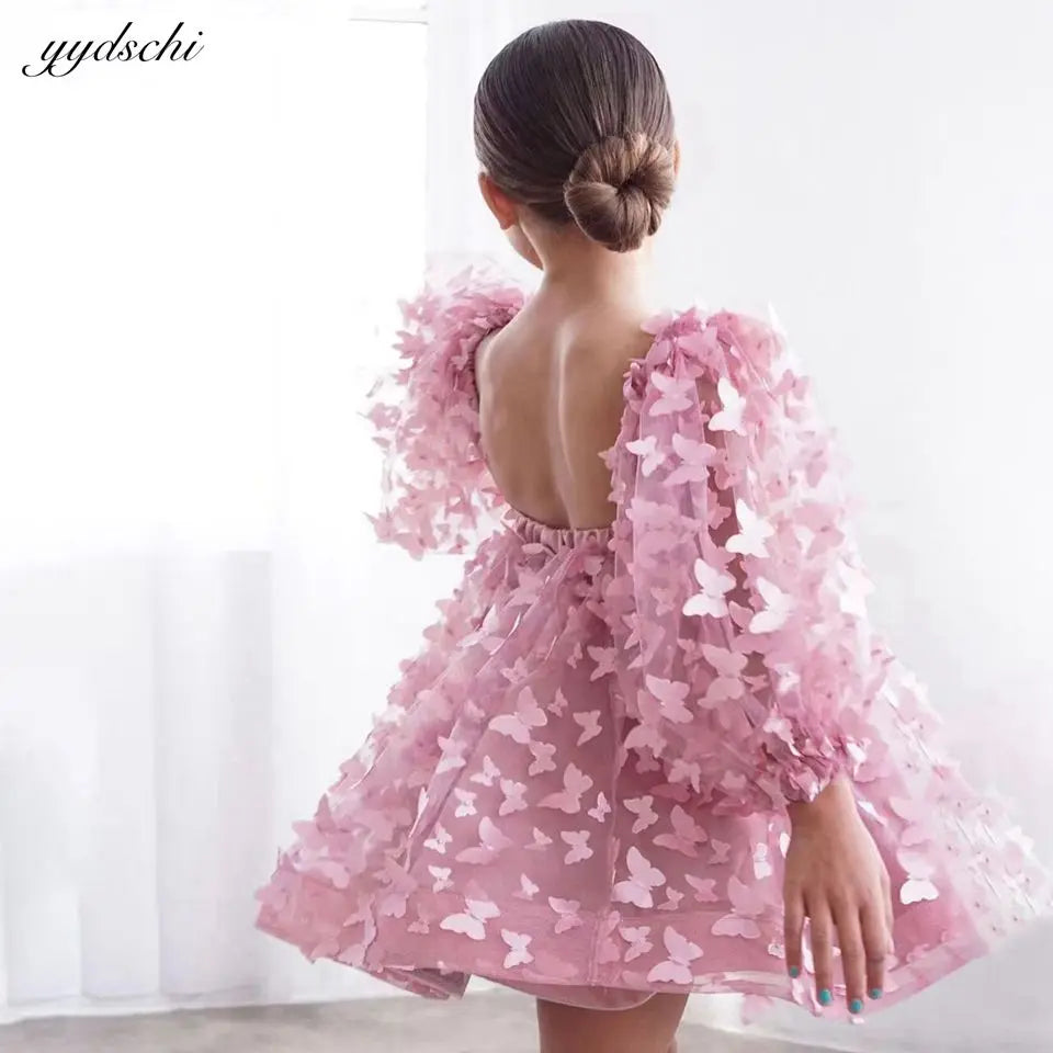 Customized Lovely Pink Flower Girl Dress For Wedding 2025 3D Butterfly Appliques Backless Birthday Party First Communion Gown