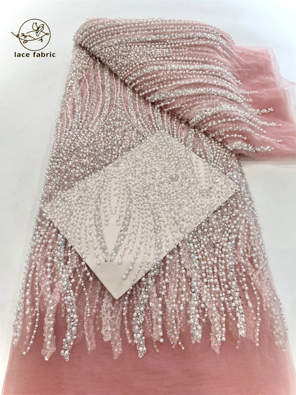Peach Sequin Lace Fabric African Fabric Lace Wedding Dress Luxury Beaded Lace French Mesh Sequence for Party Dresses Sewing