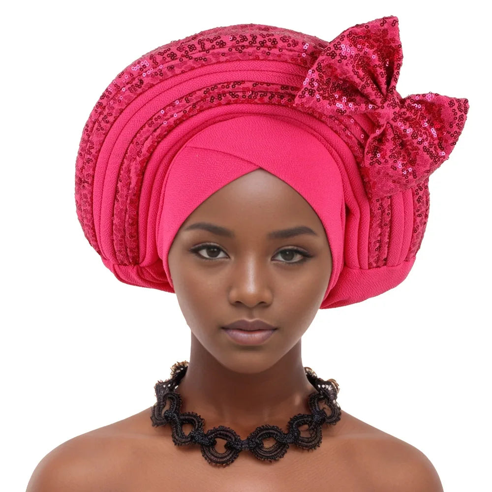 Nigeria Bowknot Turban Cap for Women 2025 New African Auto Gele Headtie Aso Oke Bonnet Hijab Headscarf Sequin Head Wrap Headgear