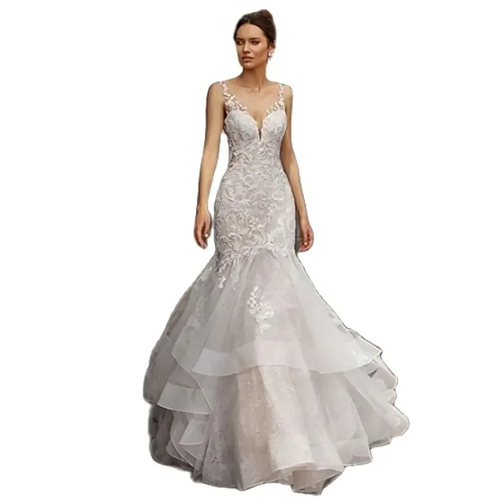 Elegant white tulle wedding dress with halter Sweetheart applique Mermaid floor-length bridal gown vestidos de novia 웨딩드레스