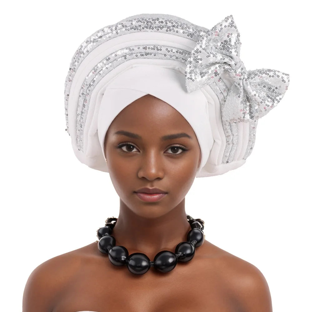 Nigeria Bowknot Turban Cap for Women 2025 New African Auto Gele Headtie Aso Oke Bonnet Hijab Headscarf Sequin Head Wrap Headgear
