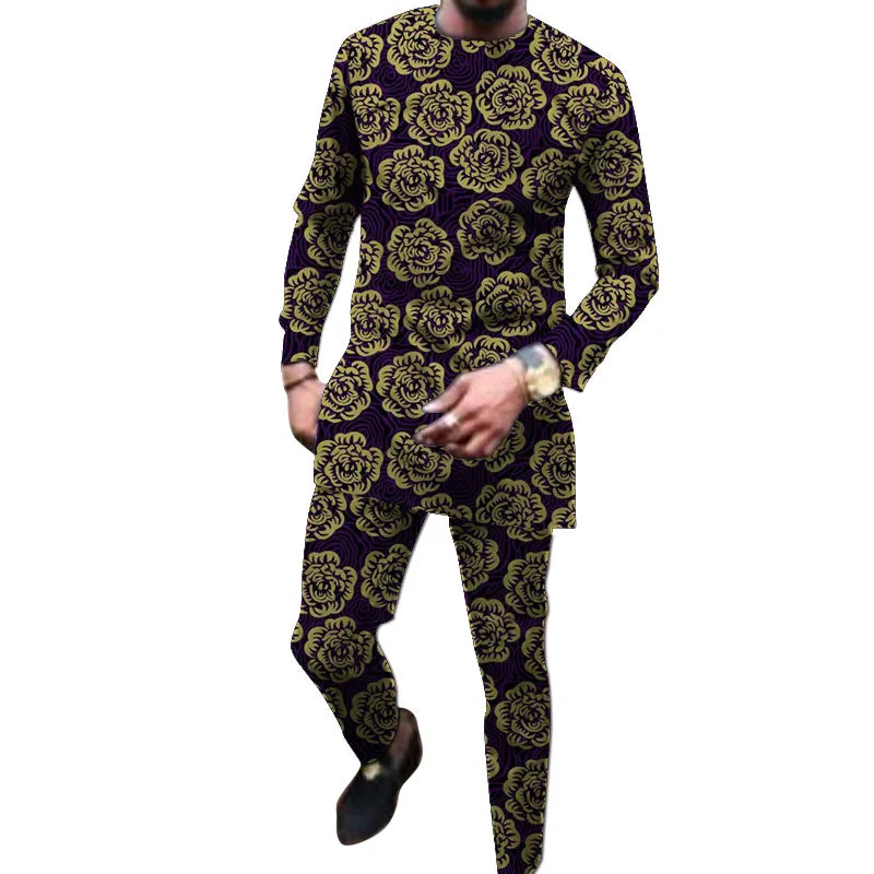 African Print Clothes For Men Groom Suit Tailored Tops With Pants 2 Pieces Set Clothing Male Dashiki Outfits