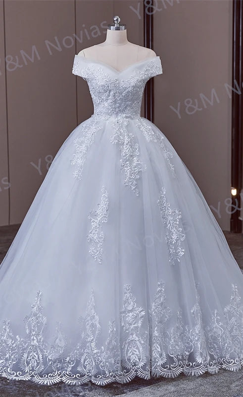 Real video Ball Gown Off Shoulder Wedding Dresses Full Sleeve Sweetheart Lace Appliqus Bead Wedding Dresses For Women New