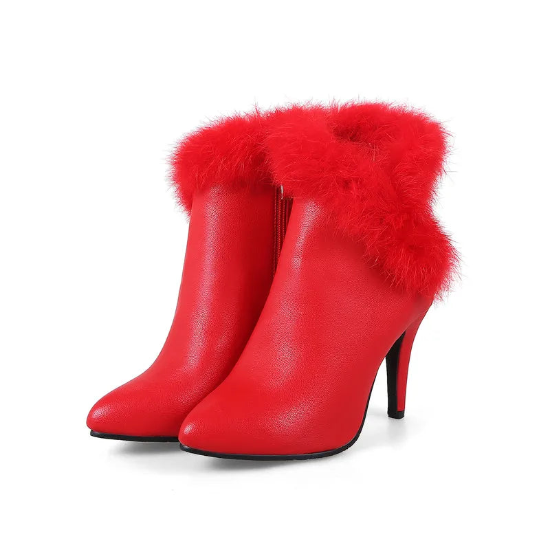 YMYECHIC Thin High Heel Ankle Boots Ladies Faux Fur Fringe Fashion Red White Black Party Wedding Shoes Women Booties Winter 2023