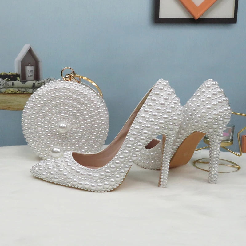 BaoYaFang White Pearl women wedding shoes And Bags Bride High heels shoes ladies party dress shoes woman Sweet Fashion Pumps