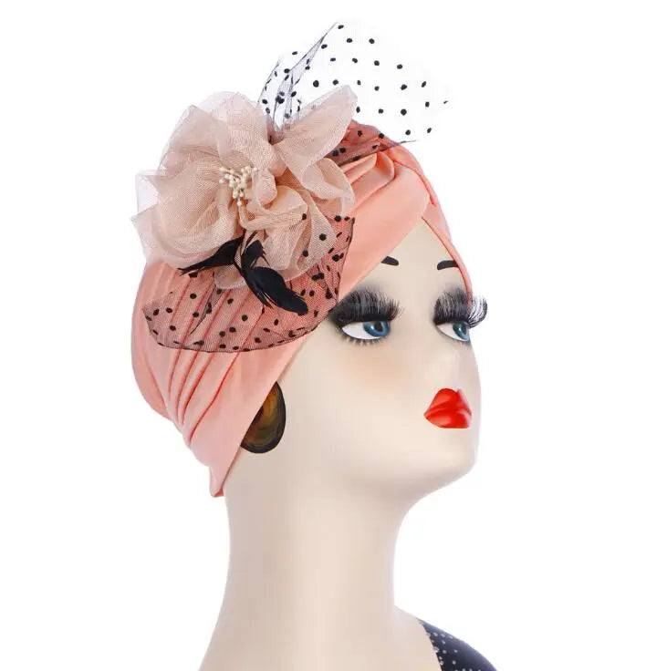 Big Flower Muslim Women Indain Hat Scarf Caps Chemo Turban Islamic Head Cover Party Evening Bonnet Pleated Vintage Elegant Hat
