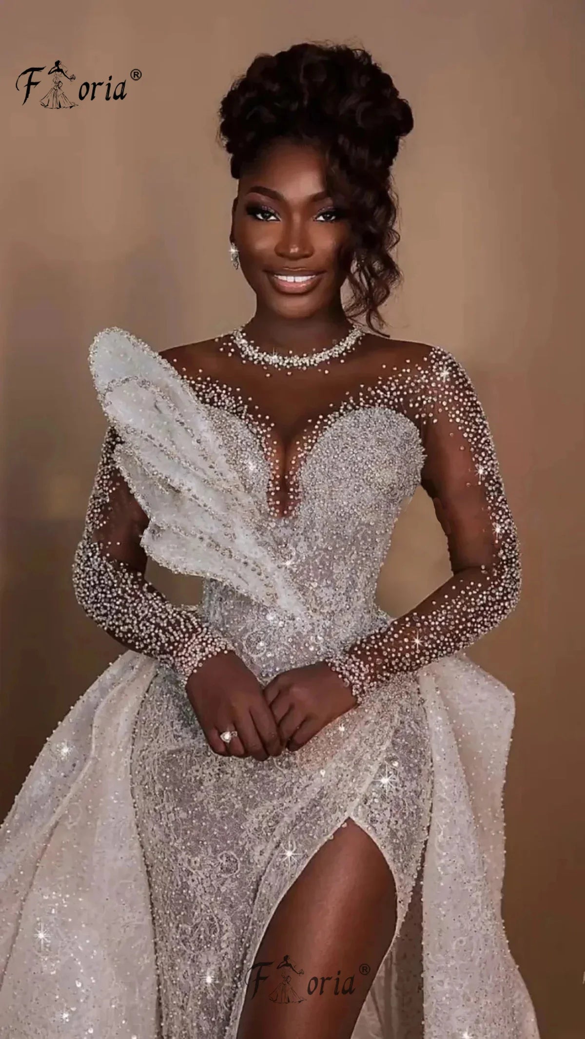 Elegant White Mermaid Wedding Dress with Long Detachable Train Heavy Beads Leaf Evening Party Gown Celebrity Occasion Dresses