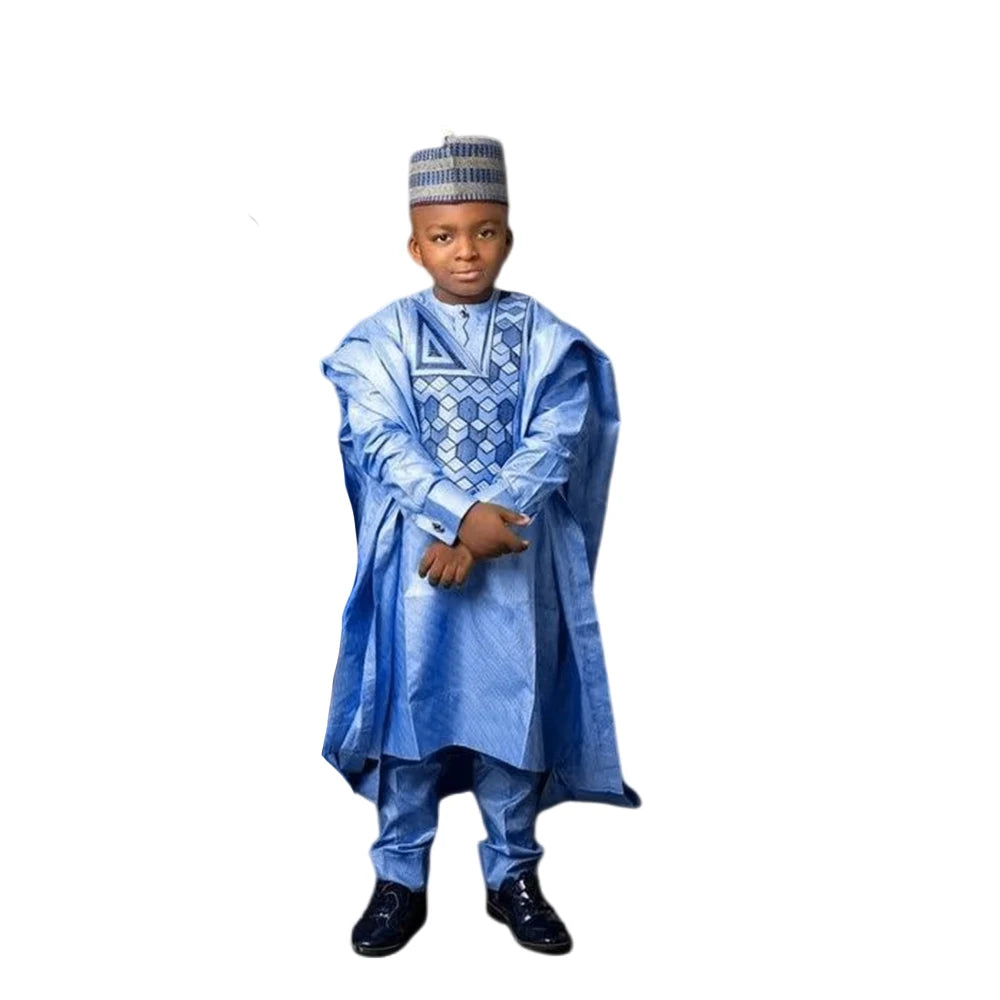 H&D New African Tradition Clothes For Kids Boys Blue Long Sleeve Tops Embroidery Dashiki Robe Shirt Pant Child Set 3 PCS