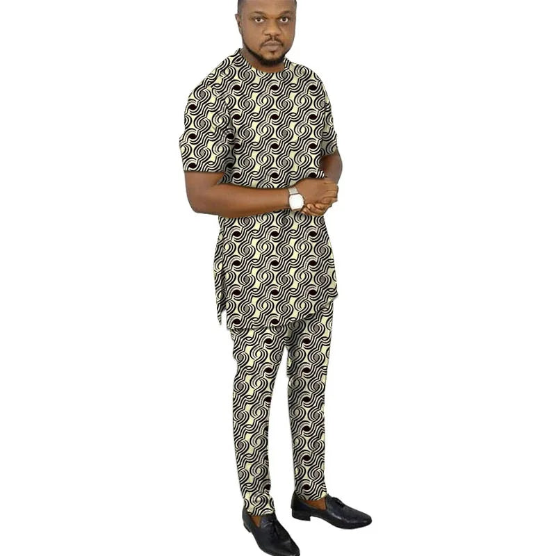 African Fashion Men's Set Outfits Short Sleeve Tops Patch Trousers Nigerian Print Male Pant Suits Party Wear Customized