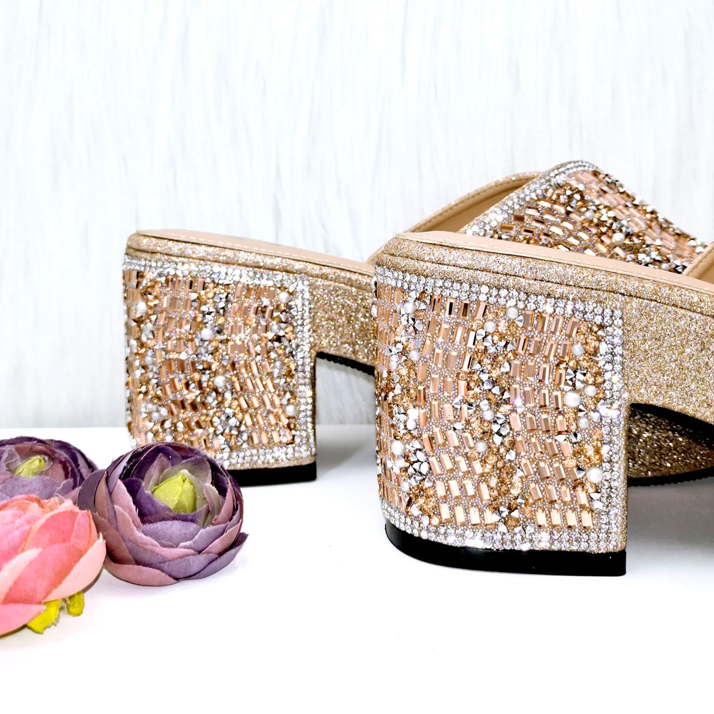 QSGFC Nigerian Peach High Heels Paired With Square Bag Rhinestone Studded Sequin Women's Sandals Are Suitable For Daily Parties