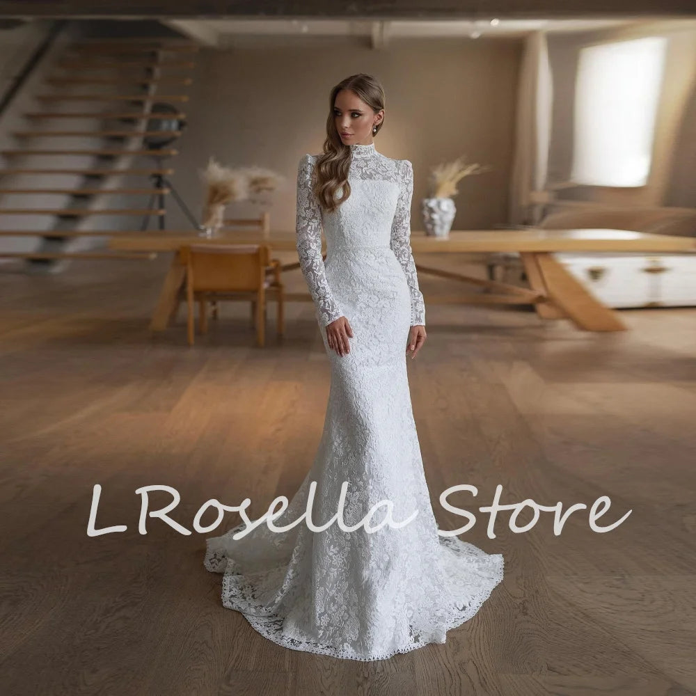 LRosella Wedding Dress Lace Long Sleeve Fashion Pleated Floor-Length Elegant Exquisite O-Neck Morden style Luxury