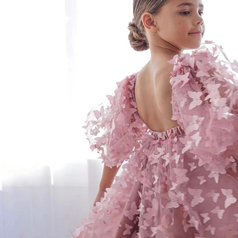 Customized Lovely Pink Flower Girl Dress For Wedding 2025 3D Butterfly Appliques Backless Birthday Party First Communion Gown