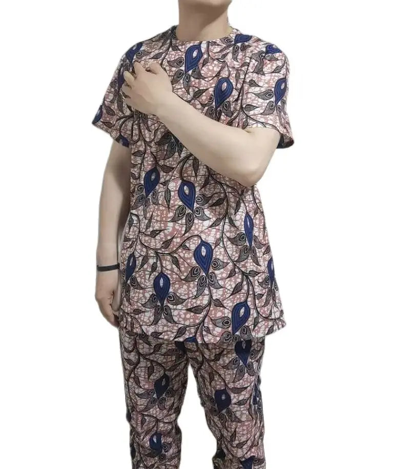 African Fashion Men's Set Outfits Short Sleeve Tops Patch Trousers Nigerian Print Male Pant Suits Party Wear Customized