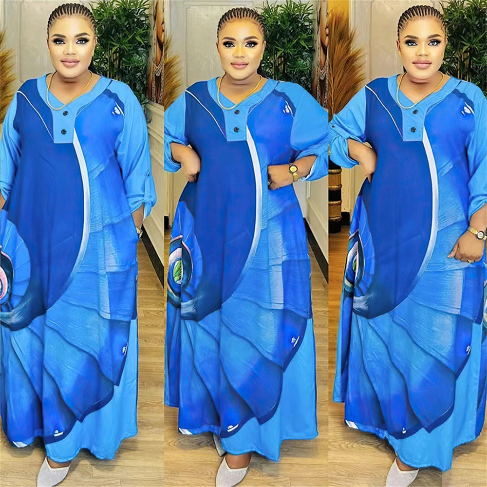 Satin Djellaba Muslim Women Dress Print African Clothing Ankara Dashiki Boubou Robe Dubai Abaya Turkey Kaftan Jalabiya Ramadan