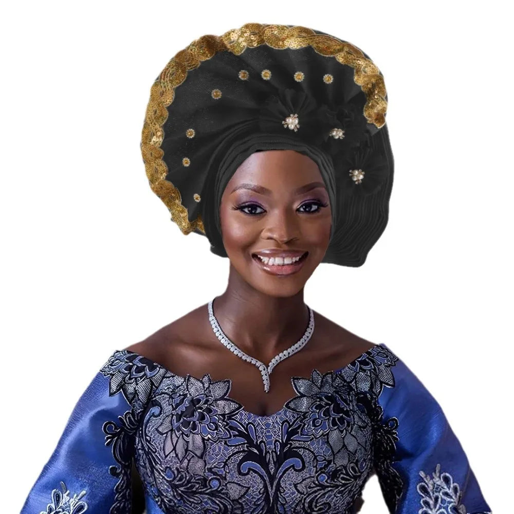 Beaded Turban Cap for Women African Wedding Headwear Auto Gele Aso Oke Headties Hijab Bonnet Head Wrap Hat Nigeria Headgear